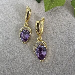 Gold Filled CZ Amyethyst Purple Teardrop Dangle Earrings with a Pave Accent